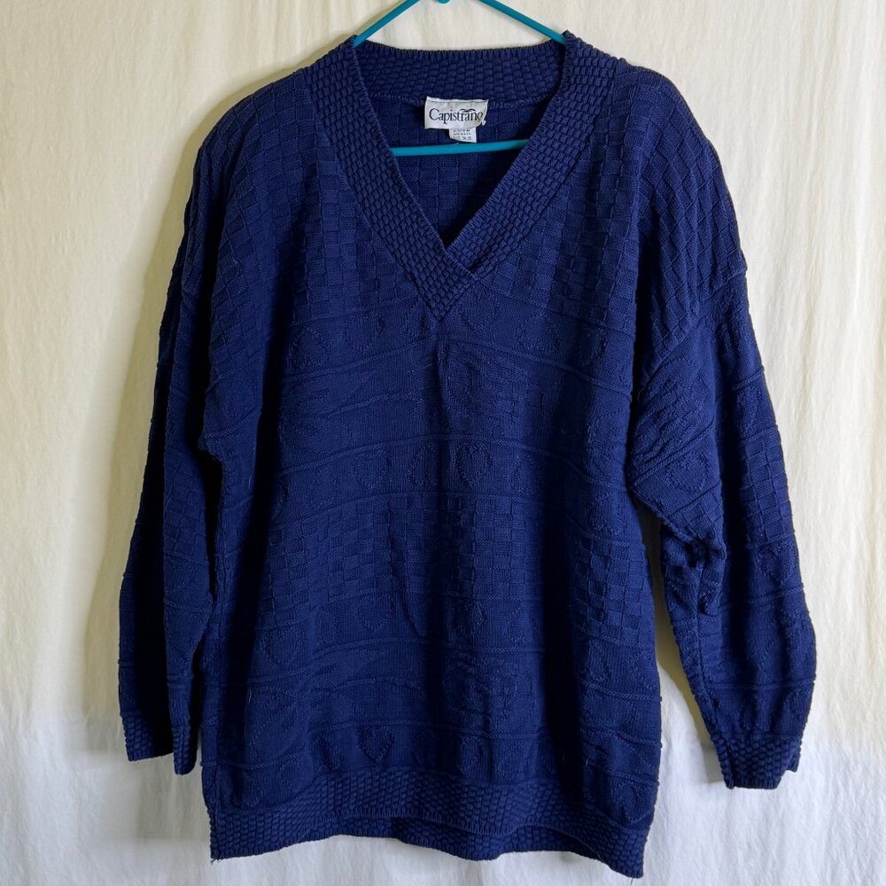 VTG Capistrano Women's Size 14-20 Blue Oversized Pullover V-Neck Knit Sweater